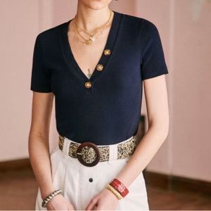 Sezane Maurice Ribbed V-Neck Ribbed Top